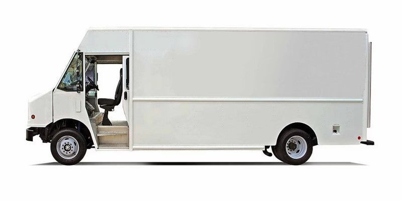 Side view of a white delivery step van with the driver's side door open.