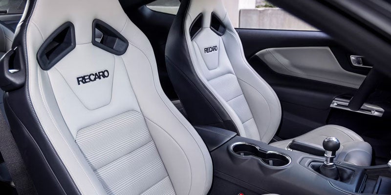Premium Recaro performance seats inside the Mustang.