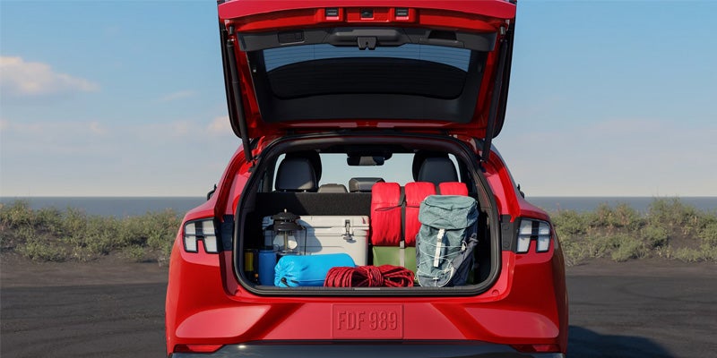 Vehicle cargo area loaded with luggage and travel gear.