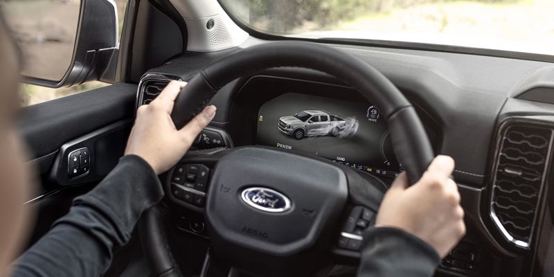 Driver's view of the steering wheel and instrument cluster.